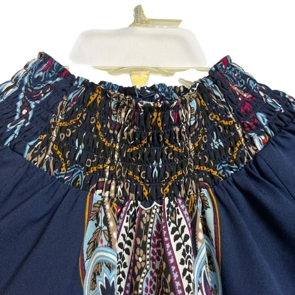 Chicos Sz 2 US L / 12 Paisley Print Smocked‎ Mock Neck Long Sleeve Blouse - Picture 4 of 9